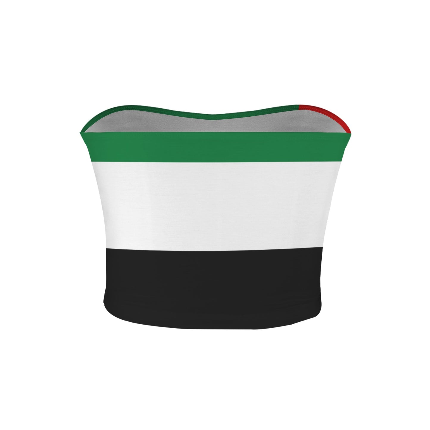 [Brand] tube top featuring green, white, black, red stripes.