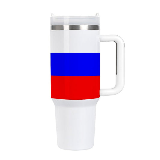 White travel mug with blue-red stripes, by [Brand].