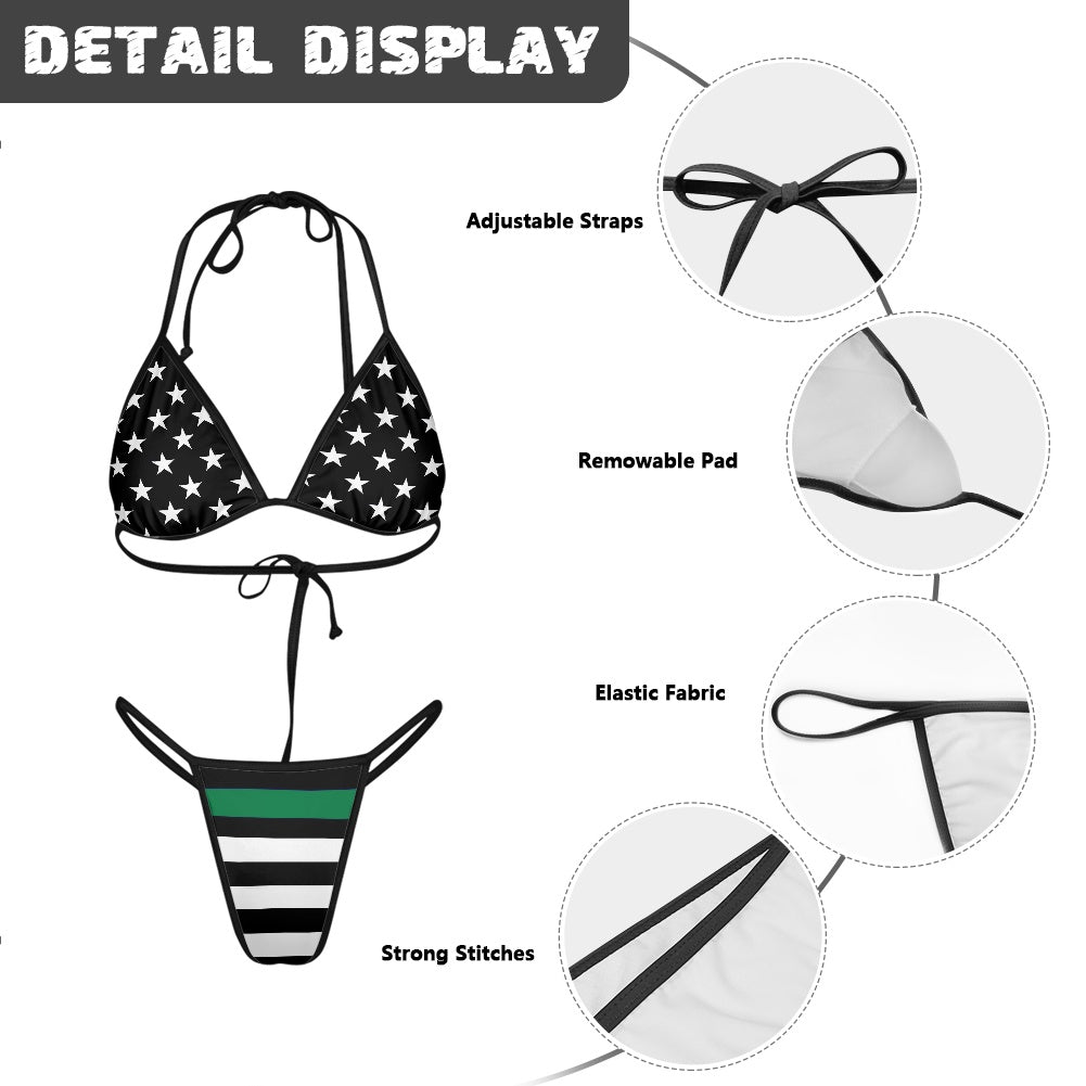 Thin Green Line Flag Inspired Women's Triangle Bikini with Thong Bottom