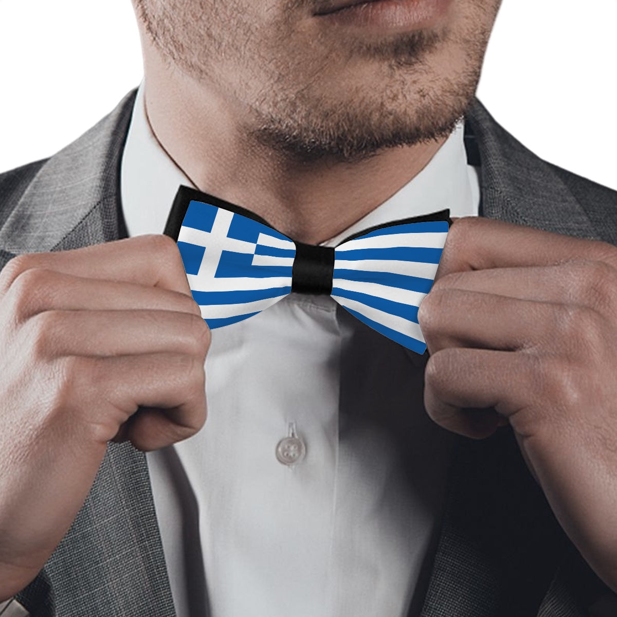 Man adjusting bow tie featuring Greek flag design, [Brand].
