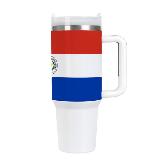 [Brand] cup featuring Paraguay flag design, white handle.