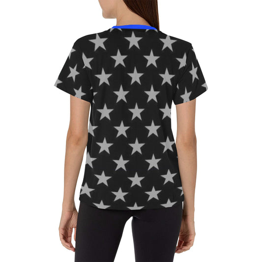 Thin Blue Line Flag Inspired Eagle Women's All Over Print Crew Neck T-Shirt(T40-2)(Made in Queens)