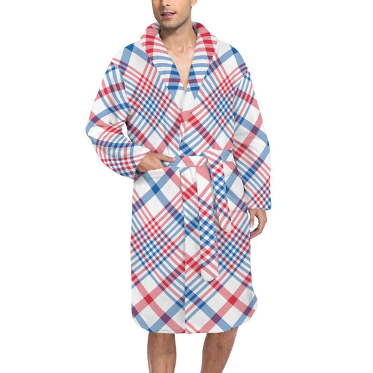 Man wearing [Brand] plaid robe in red and blue.