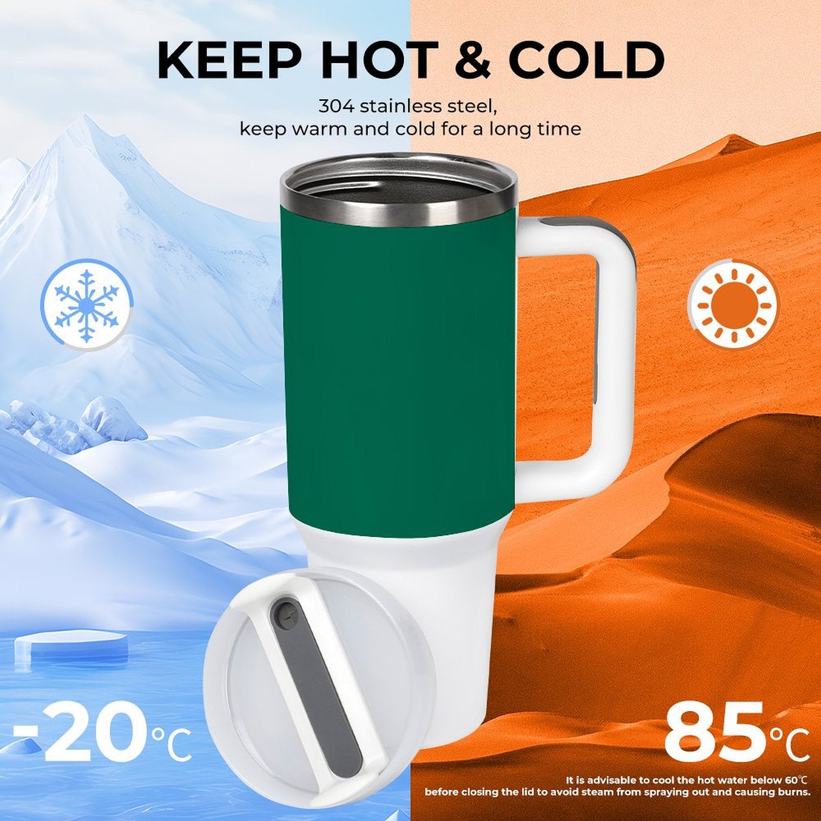 [Brand] mug keeps drinks hot or cold, 304 stainless steel.