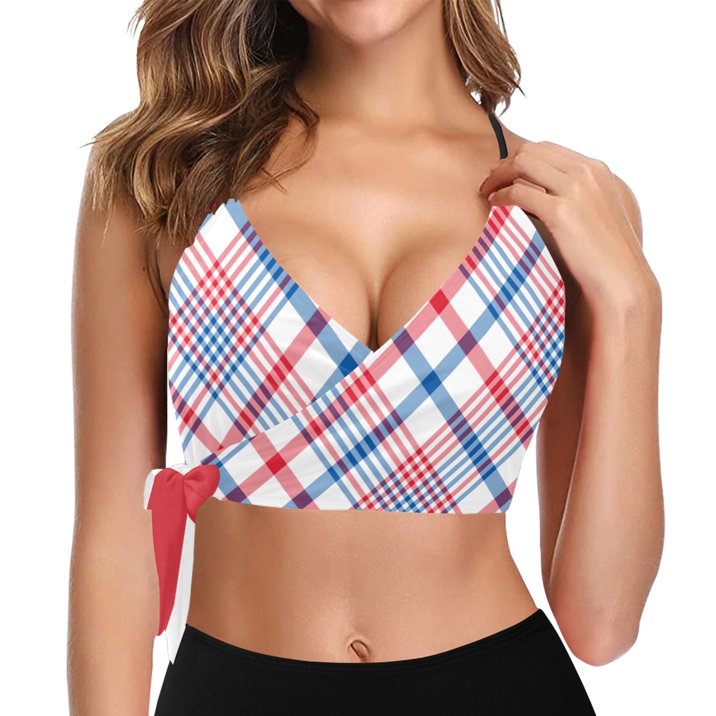 USA/American Flag Inspired Plaid Pattern Knot Side Bikini Top