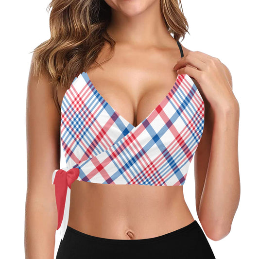 USA/American Flag Inspired Plaid Pattern Knot Side Bikini Top