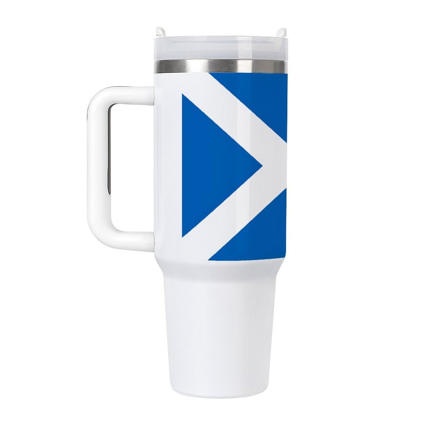 White travel mug featuring [Brand] blue geometric design.