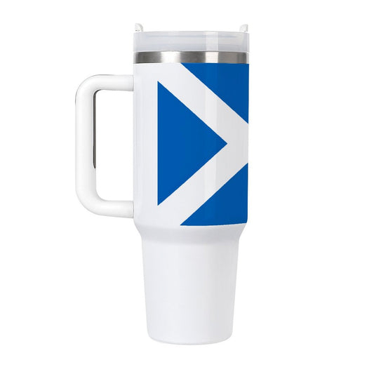 White travel mug featuring [Brand] blue geometric design.