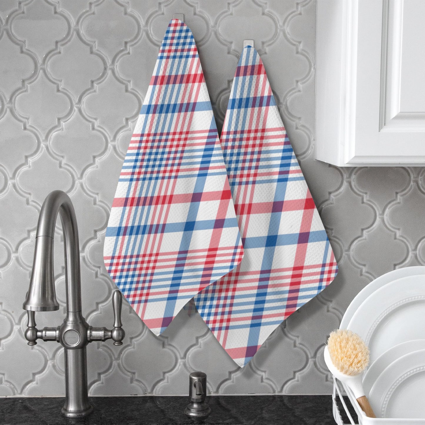USA/American Flag Inspired Plaid Pattern Kitchen Towel 40X60cm (Pack of 2) (Made in the USA)