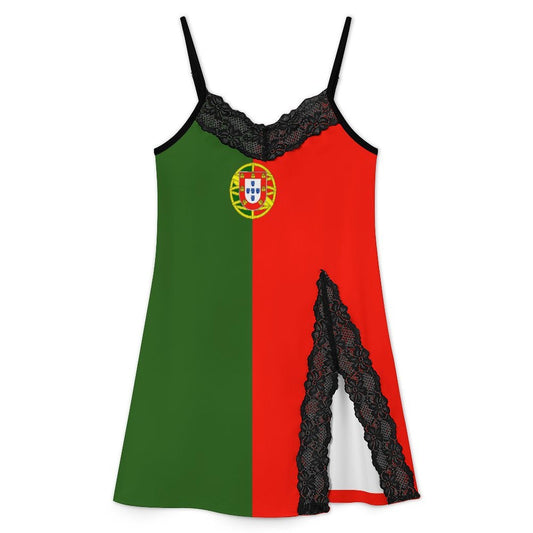 Portugal Flag Inspired Women's Lace Slit Cami Pajama Dress