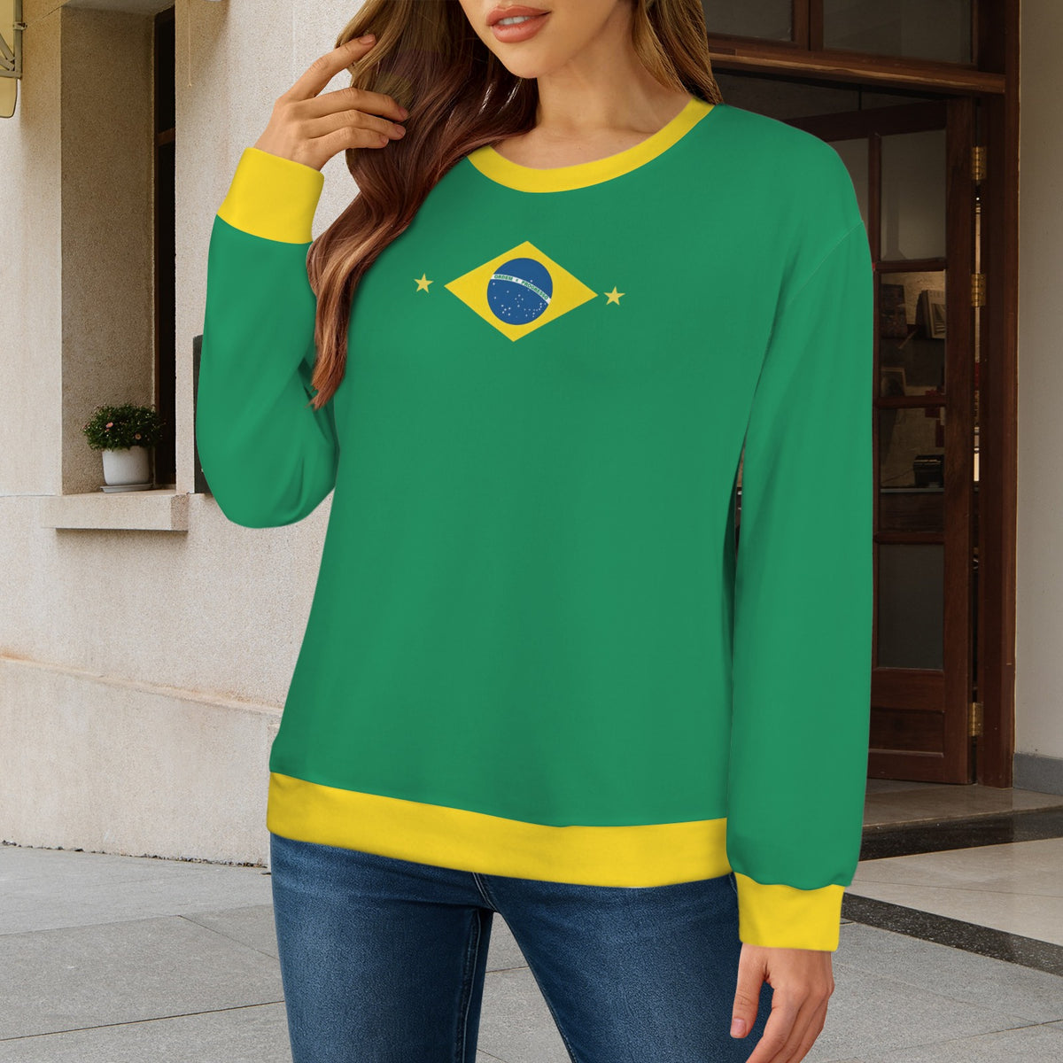 Brazil Flag Inspired Women's Crew Neck Sweater Printed in the USA