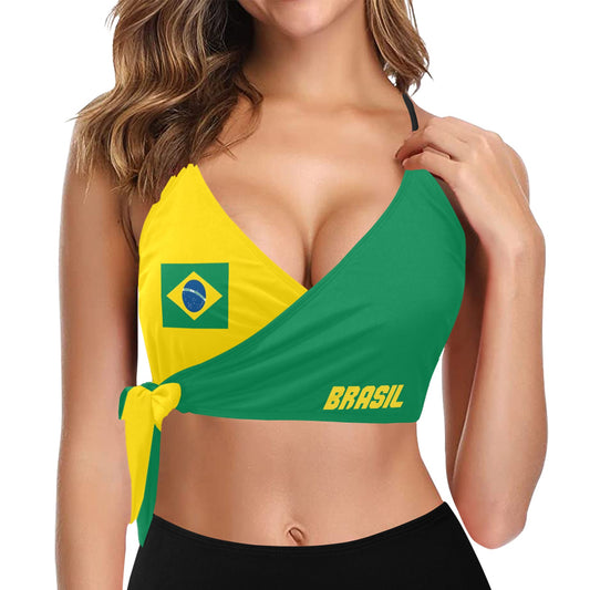Woman wearing Brasil-themed bikini top by [Brand], stylishly designed.