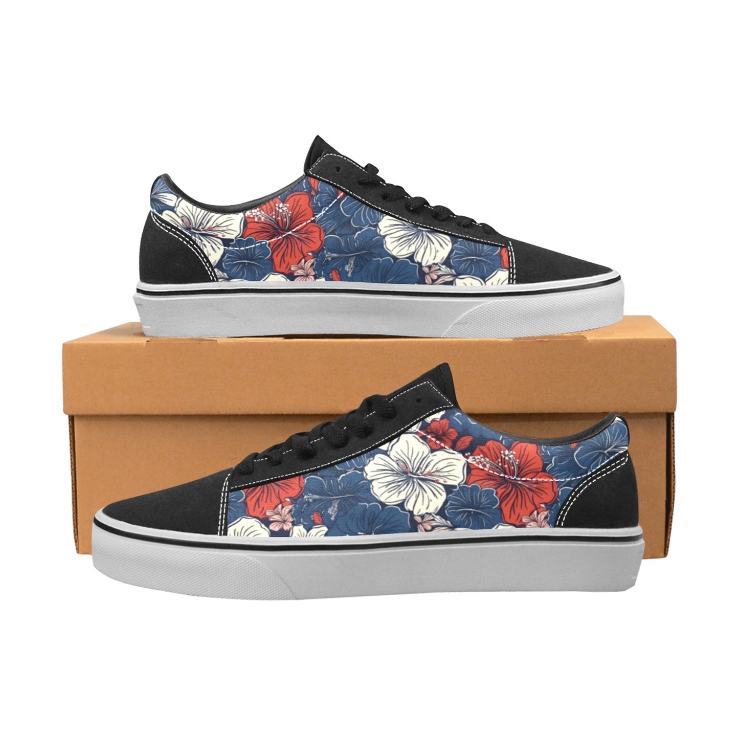 USA/American Flag Inspired Hawaiian Floral Pattern Men's Lace-Up Canvas Shoes