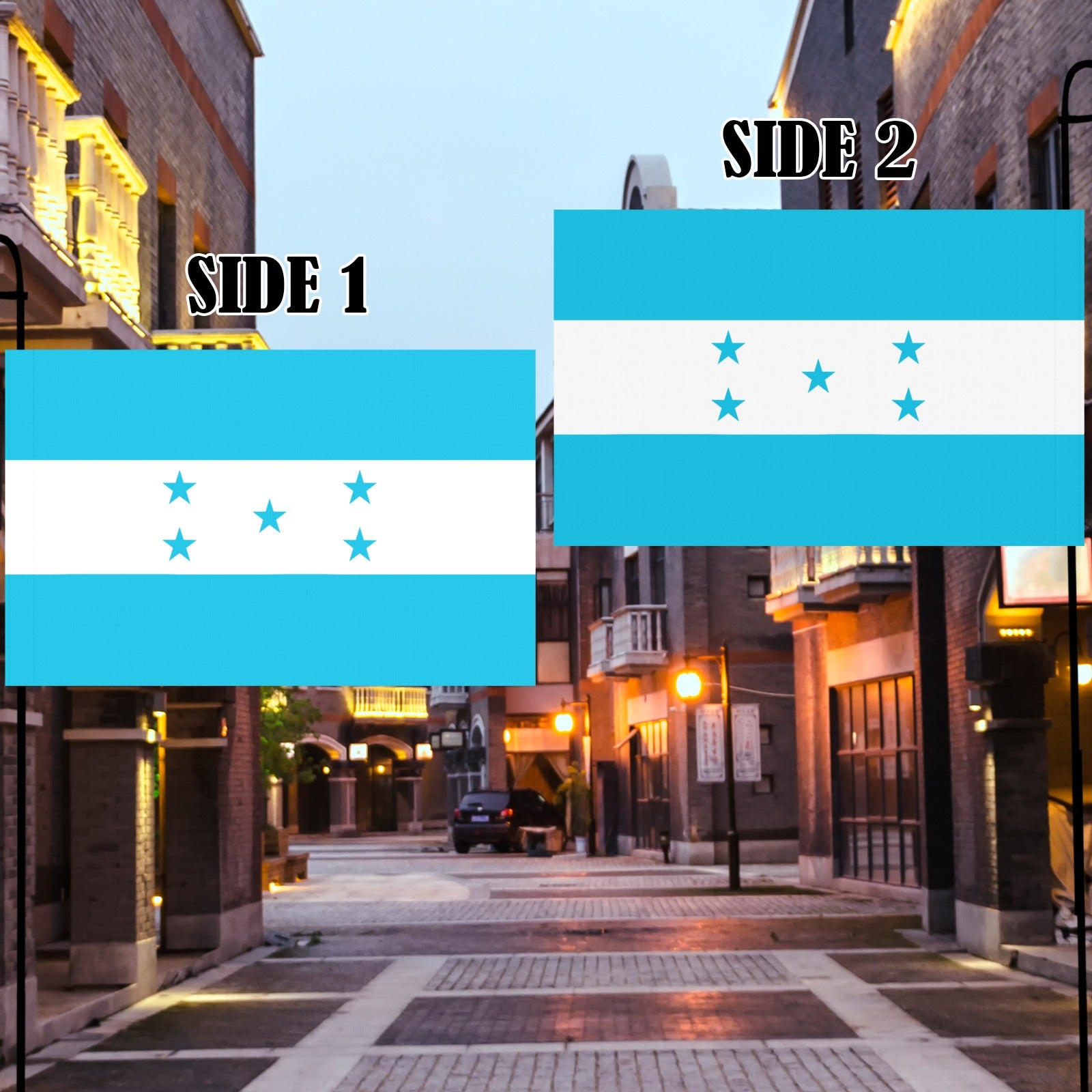 Luv My Flag double-sided flag displayed on urban street.