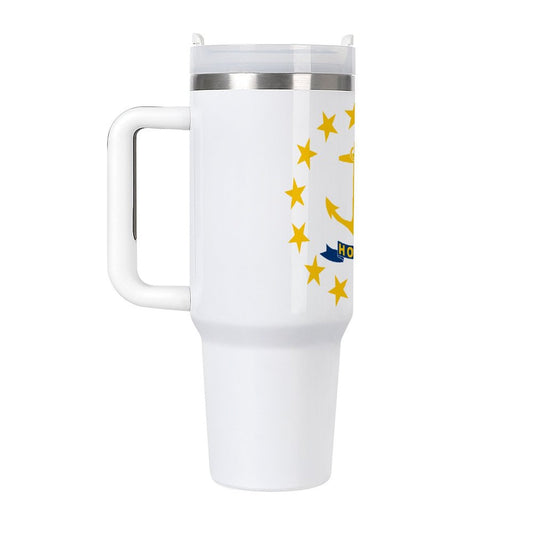 [Brand] white travel mug with handle and star design.