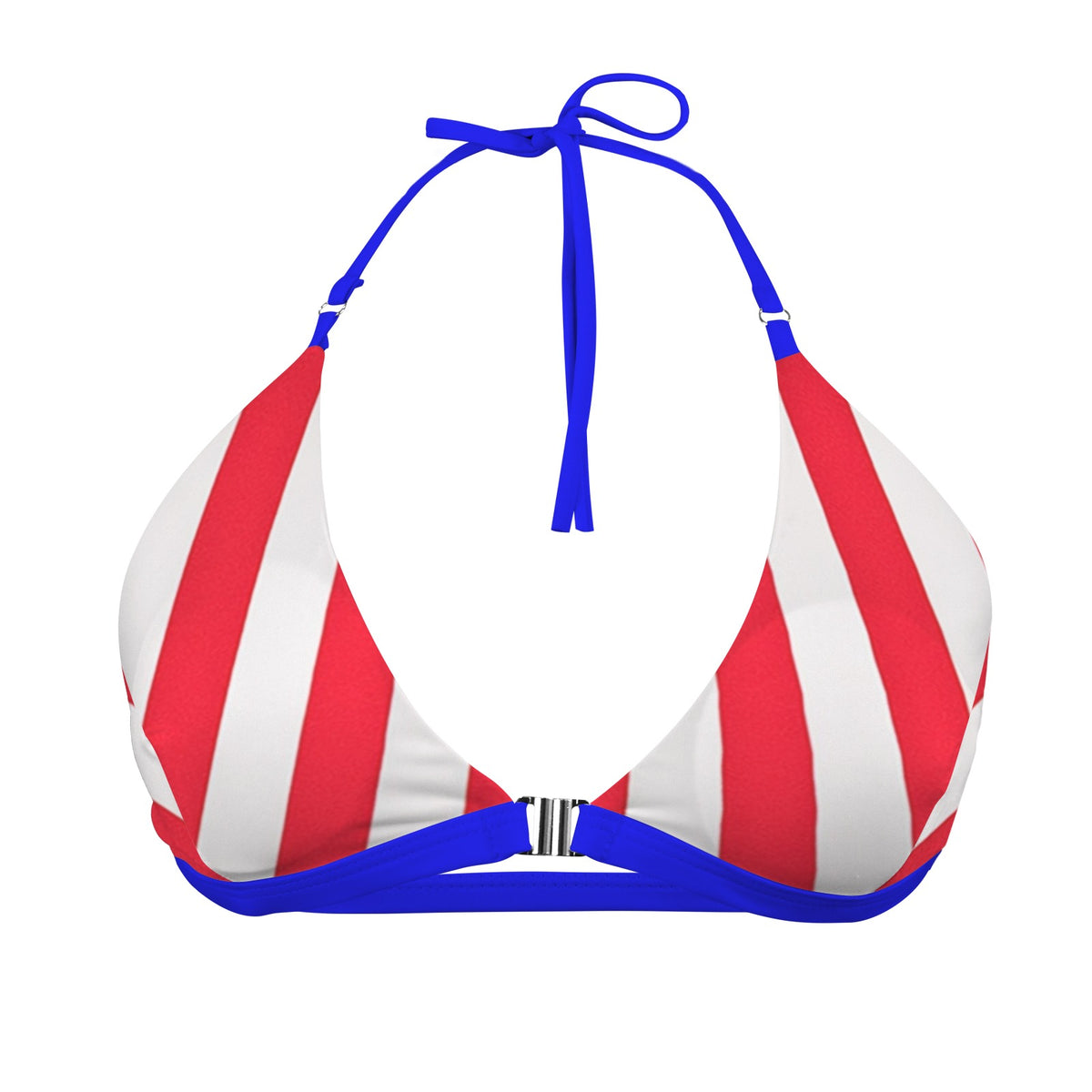 USA/American Flag Inspired Bright Stripes with Blue String Front Buckle Triangle Bikini Top