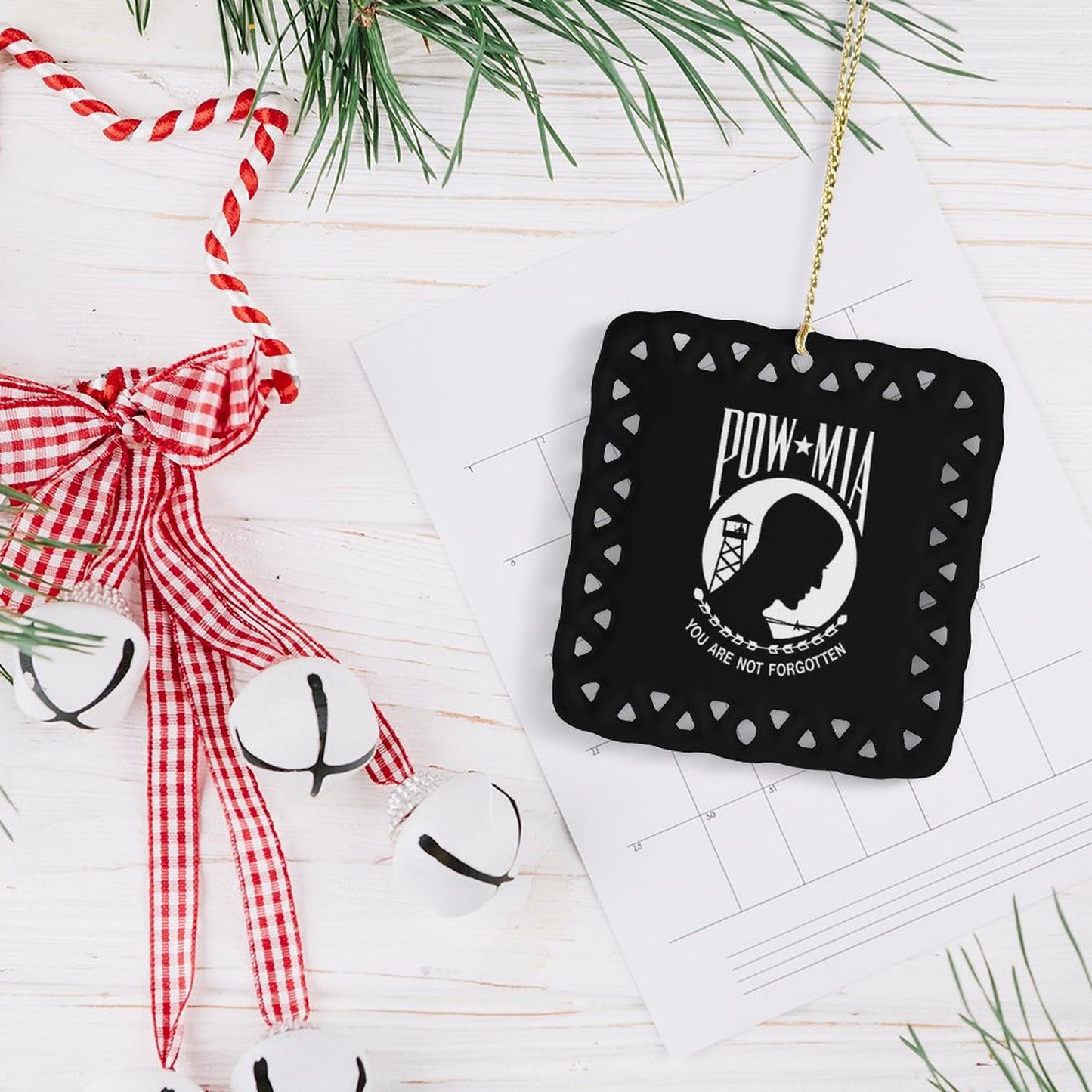POW/MIA Flag Inspired Square Ceramic Ornament (Made in the USA)