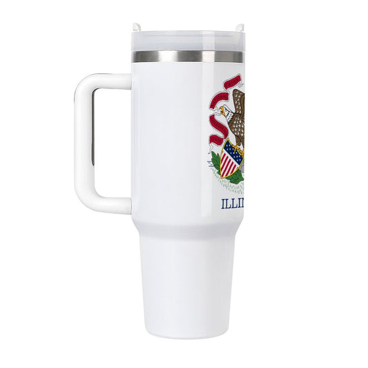 White mug featuring Illinois emblem, handle; [Brand] product.