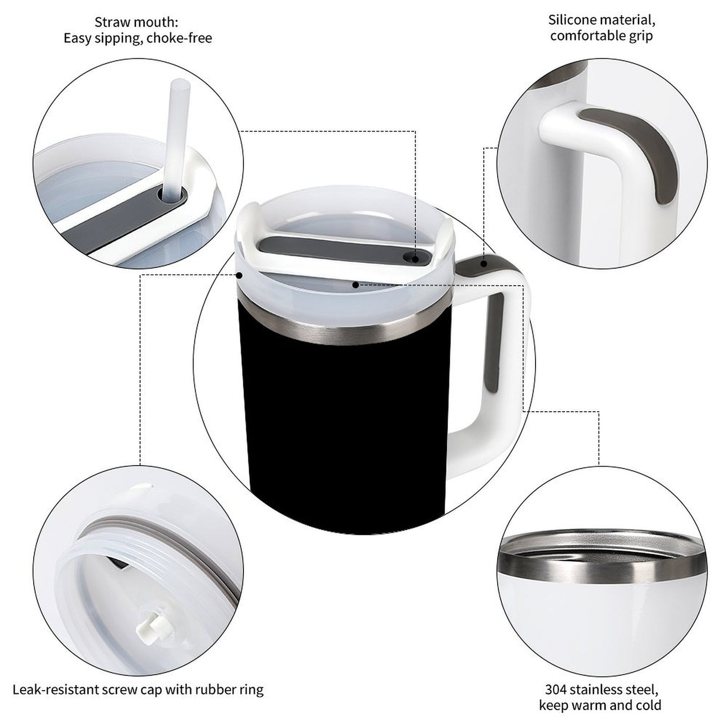 [Brand] tumbler with straw, silicone grip, stainless steel insulation.