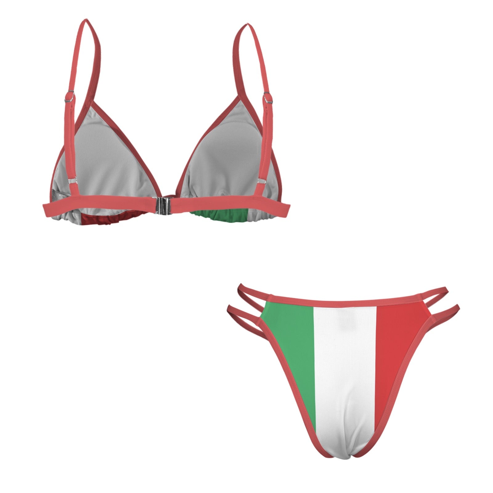 [Brand] bikini with Italian flag design and red trim.