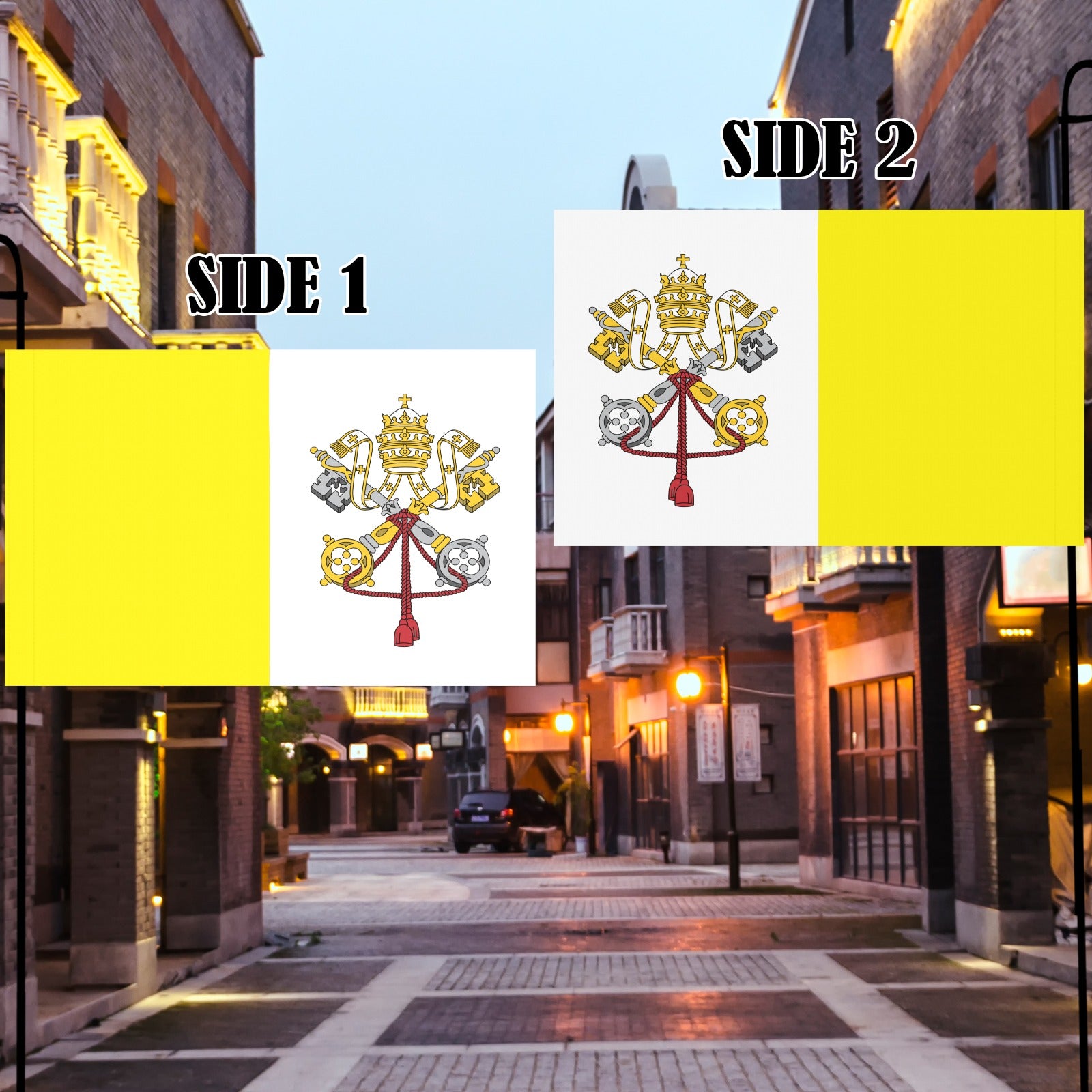 Side-by-side flags from Luv My Flag brand, urban setting.