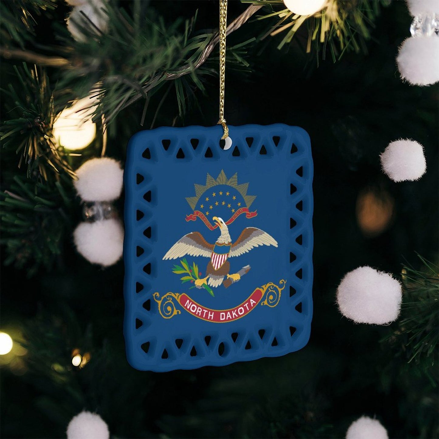 North Dakota Flag Inspired Square Ceramic Ornament Made in the USA