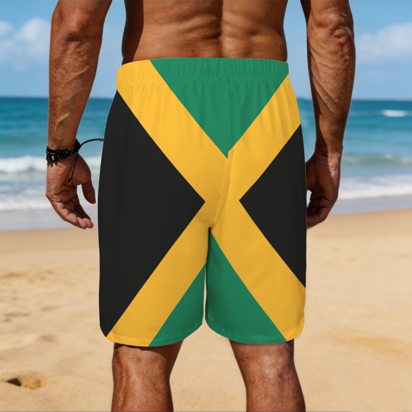 Jamaica Flag Inspired Men’s Draw String Pocket Beach Shorts Printed in the USA