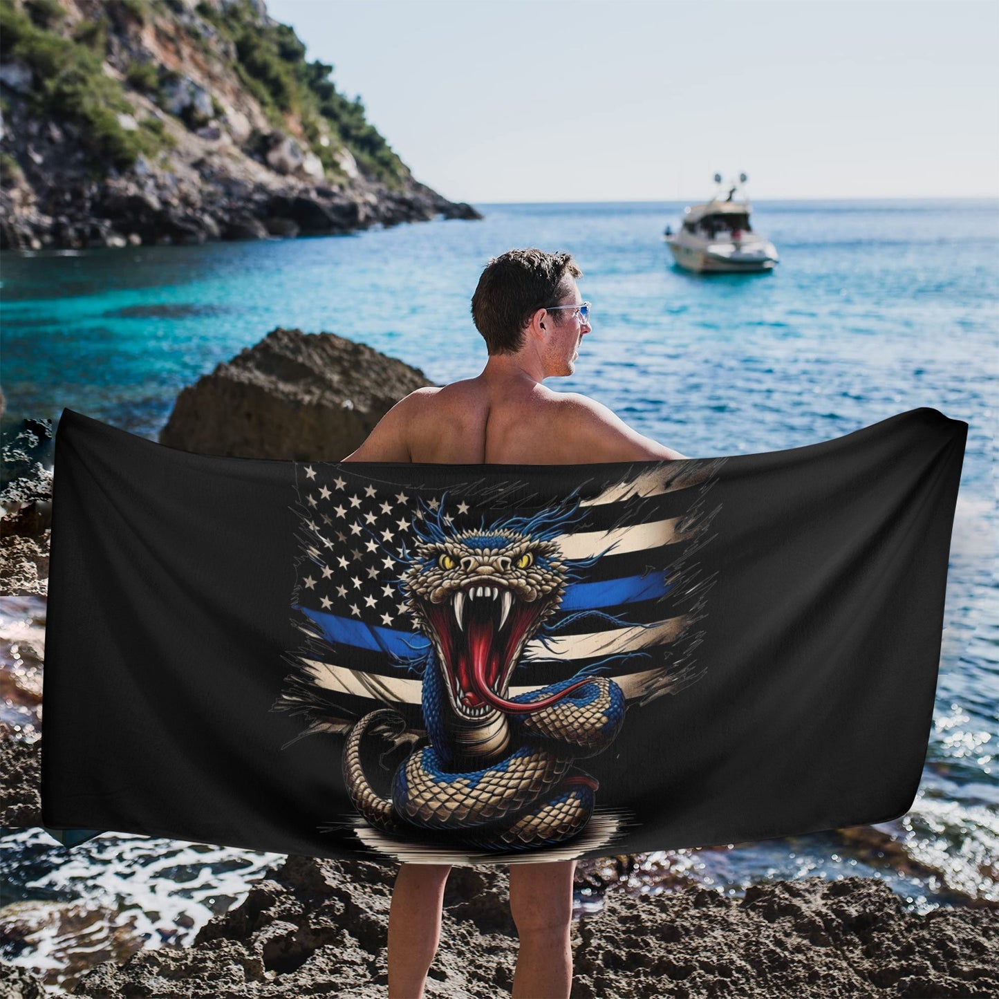 Thin Blue Line Flag Inspired Snake Beach Towel 31"x71 (Made in USA)