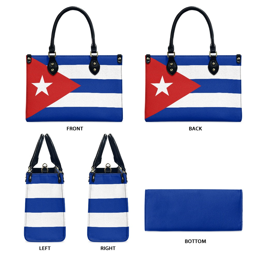 [Brand] handbag featuring Cuban flag design with black handles.