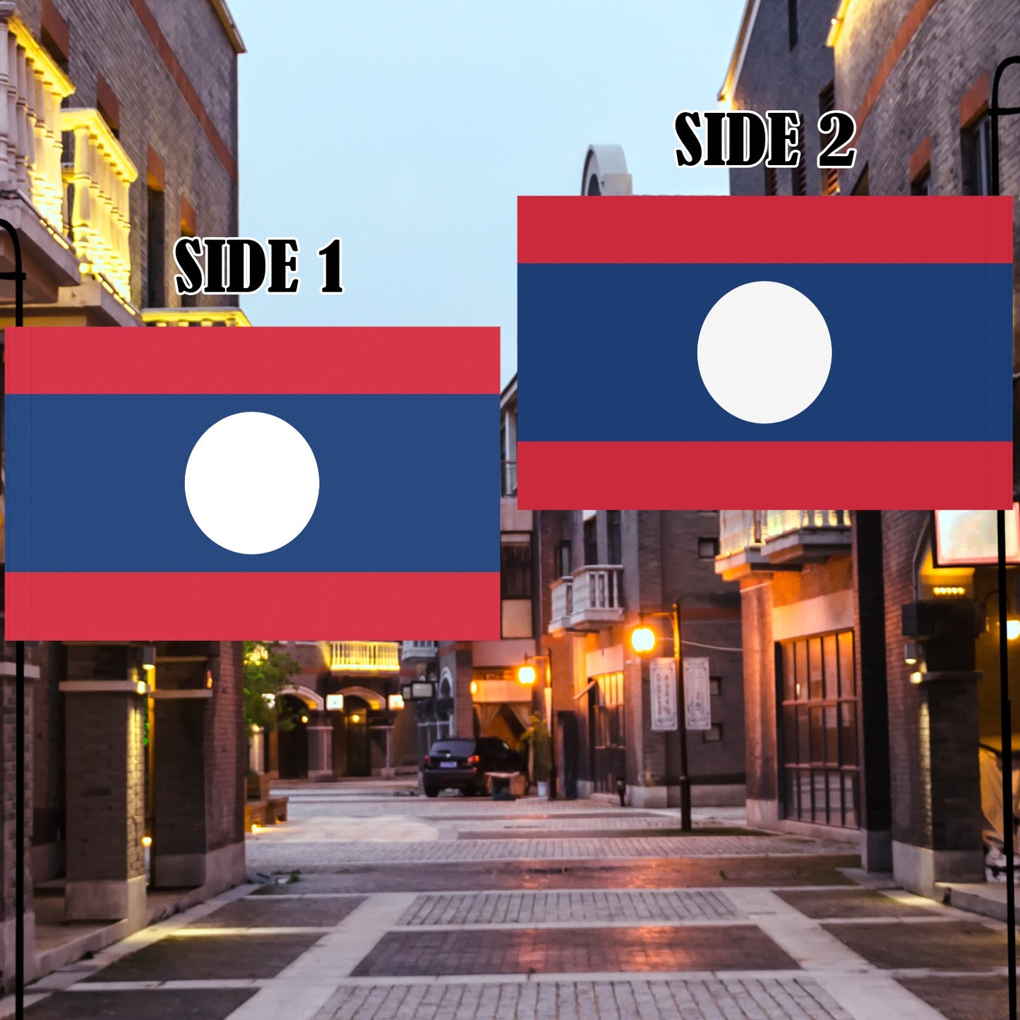Luv My Flag featuring the Laos flag displayed outdoors.