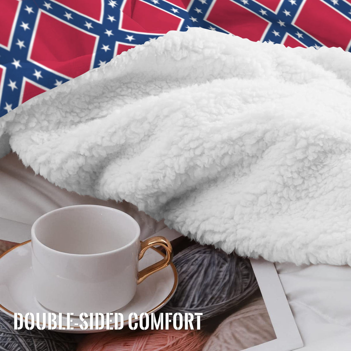 Confederate States Battle Flag Inspired Pattern Sherpa Fleece Blanket 90" x 108" | Prtinted in the USA