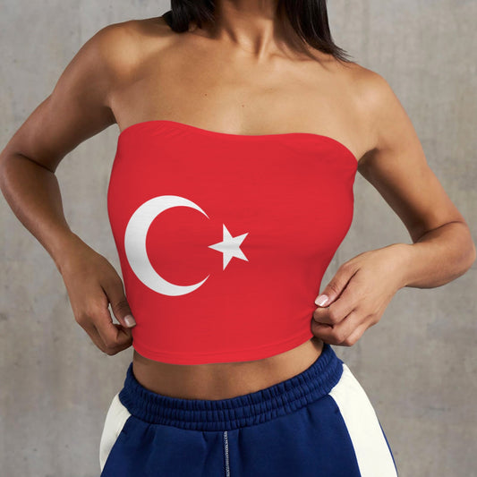 [Brand] red tube top featuring Turkish flag crescent, star.