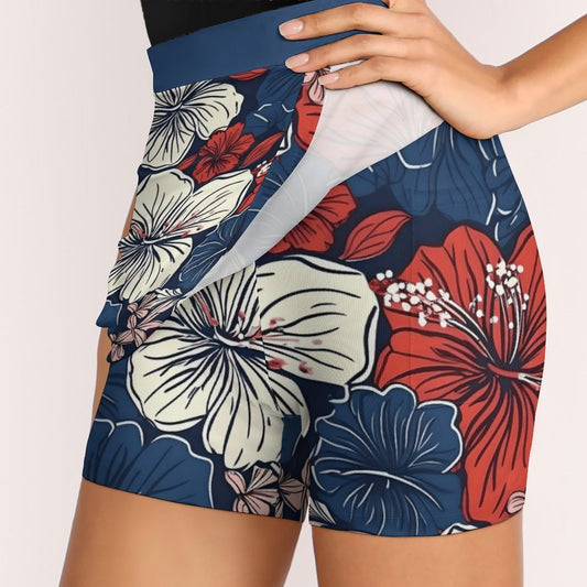 USA/American Flag Inspired Hawaiian Floral Pattern Women’s Skort with Pocket