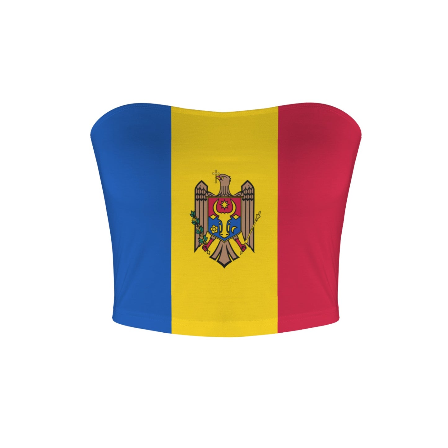 [Brand] strapless top featuring Moldova flag design, vibrant colors.
