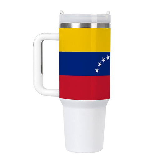 [Brand] travel mug with Venezuelan flag design, sleek handle.
