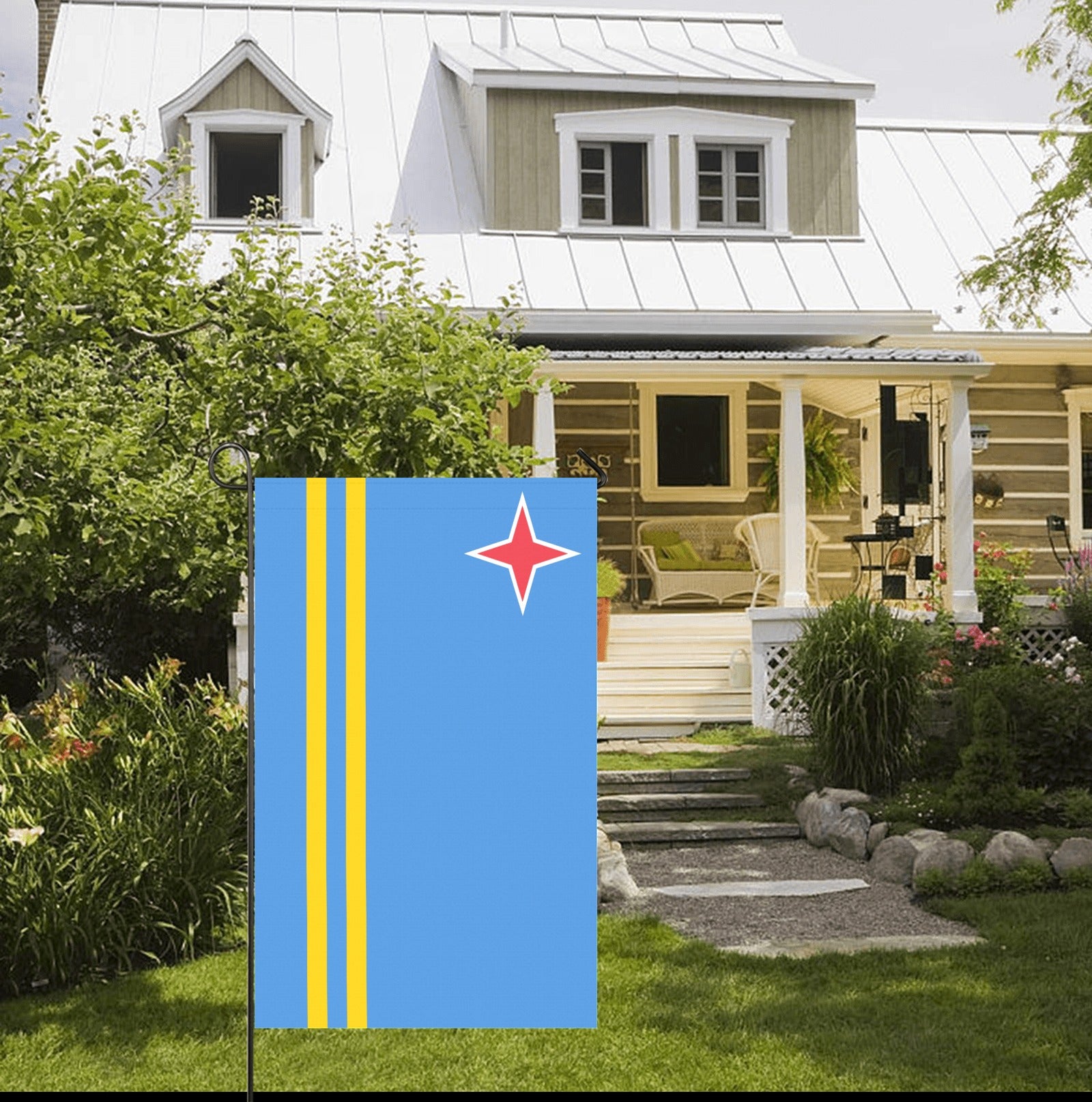Front yard featuring Luv My Flag's vibrant blue design.