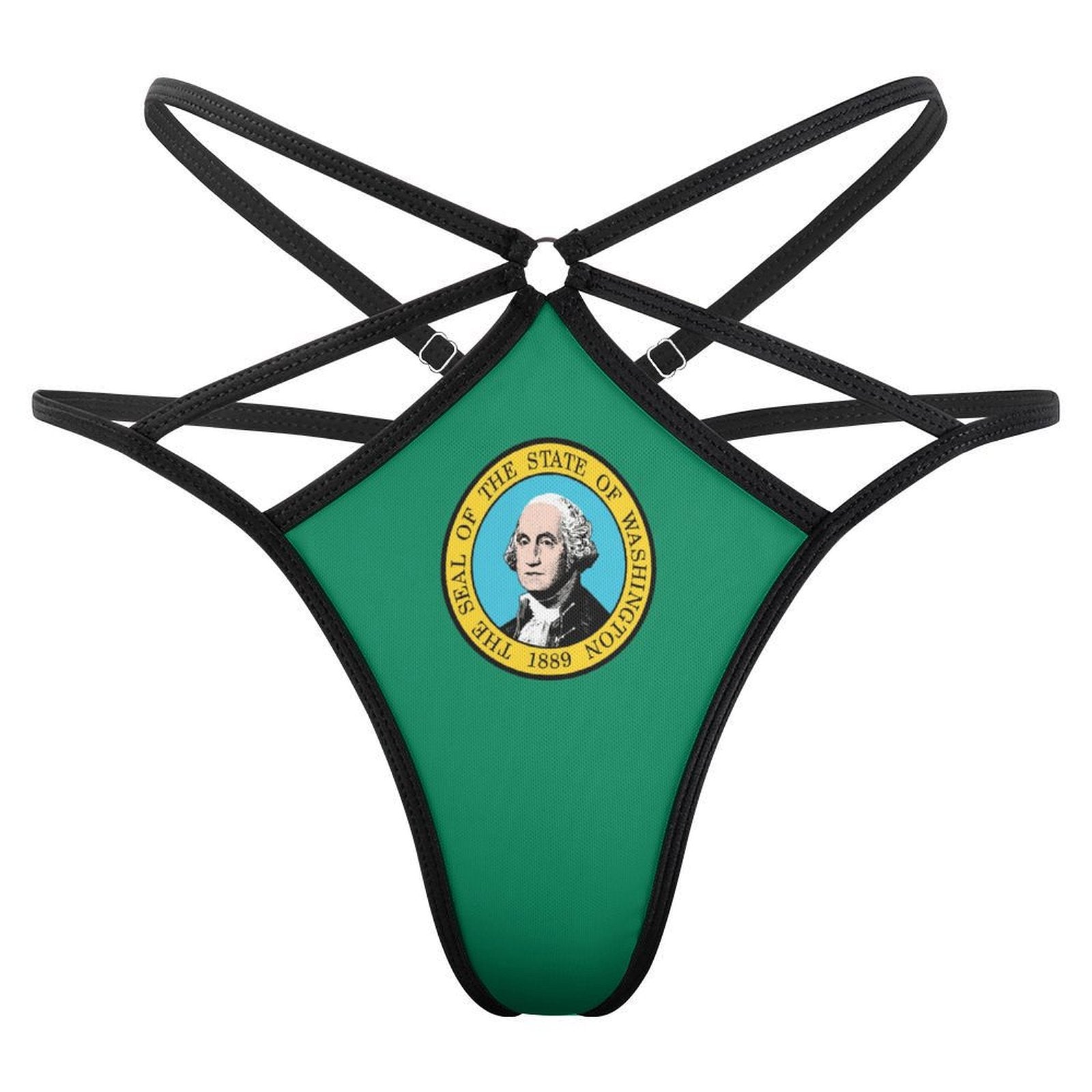 Black strappy thong with Washington state seal by [Brand].