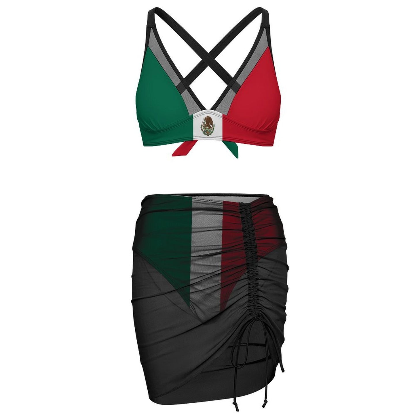 Mexico Flag Inspired Women's Mesh Drawstring Skirt and Swimsuit Set