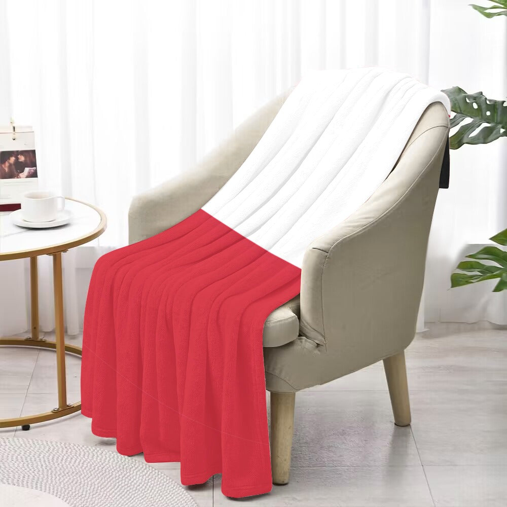 Red and white blanket draped over chair, Luv My Flag.