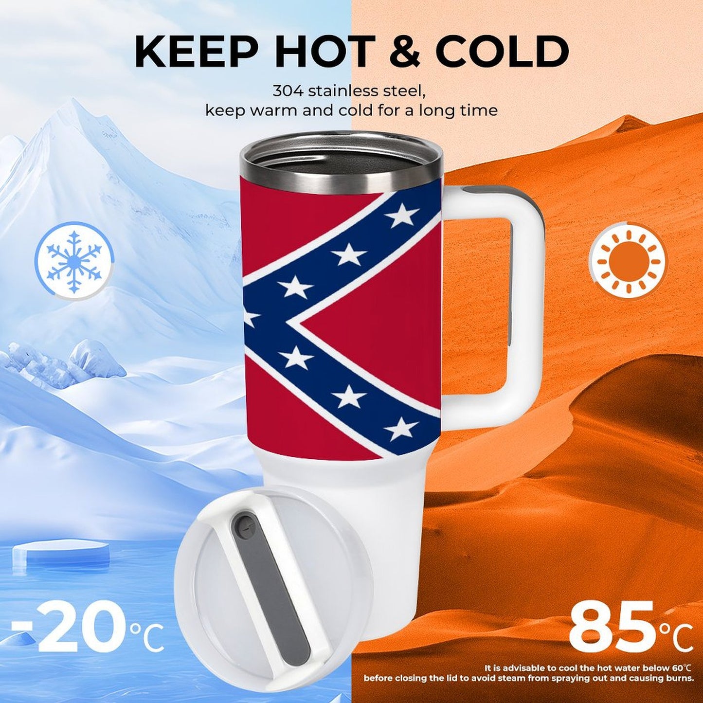 Confederate Battle Flag Design 40 oz Stainless Steel Tumbler (Made in USA)