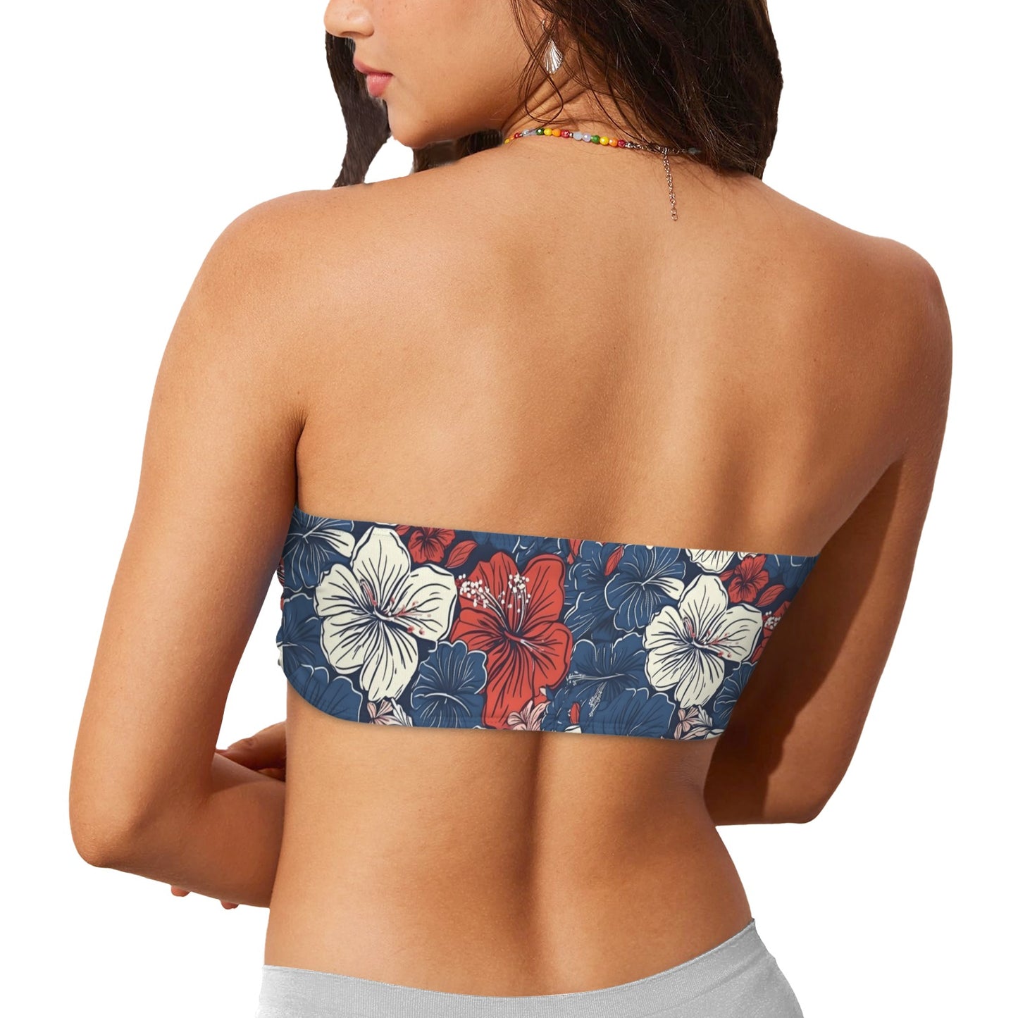 USA/American Flag Inspired Hawaiian Floral Pattern Flag Inspired Bandeau Tube Bikini Top