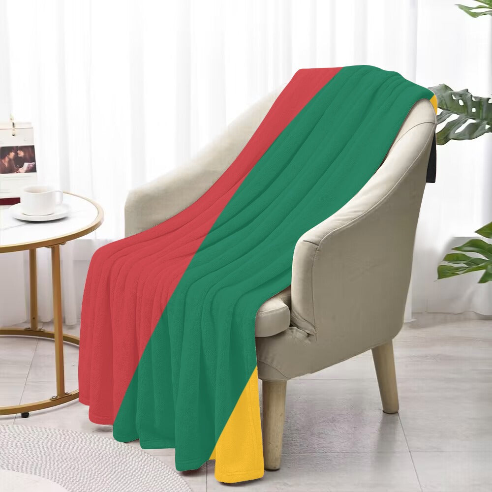 Luv My Flag throw: red, green, yellow stripes on chair.