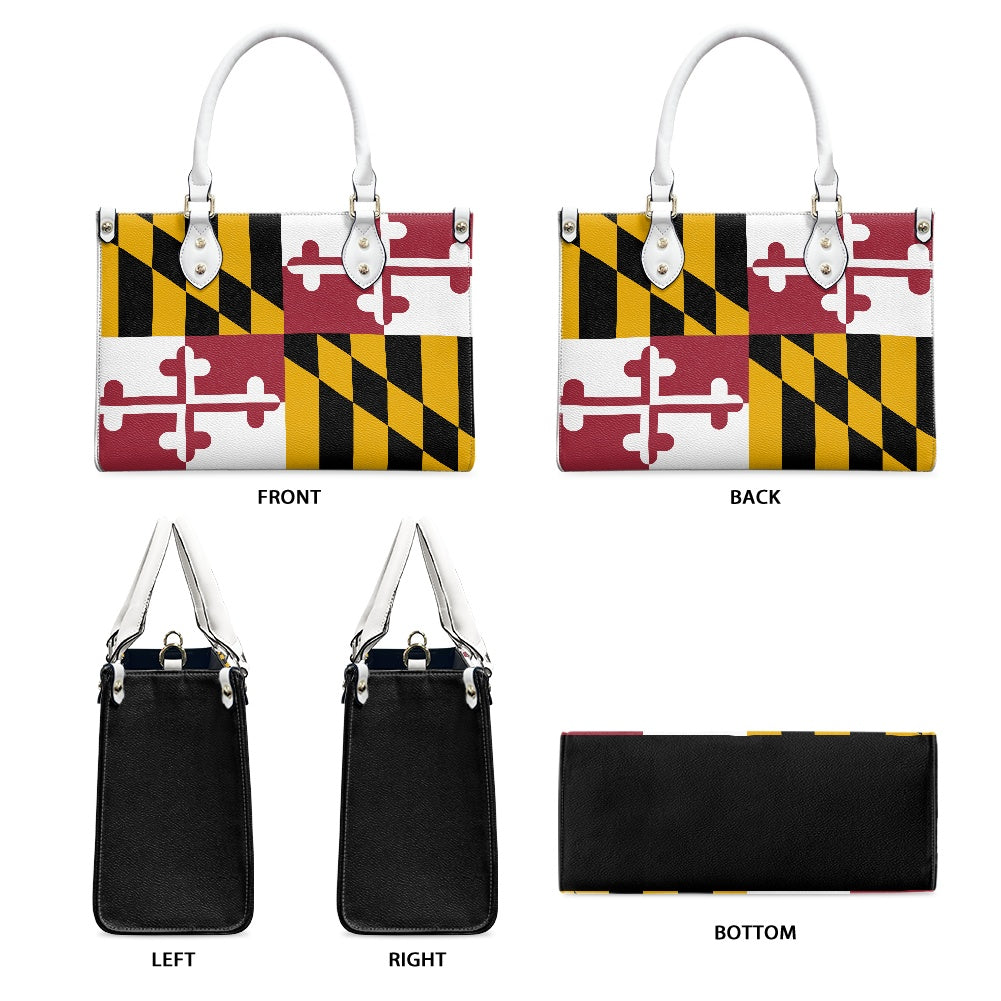 [Brand] handbag featuring Maryland flag design, shown from five angles.