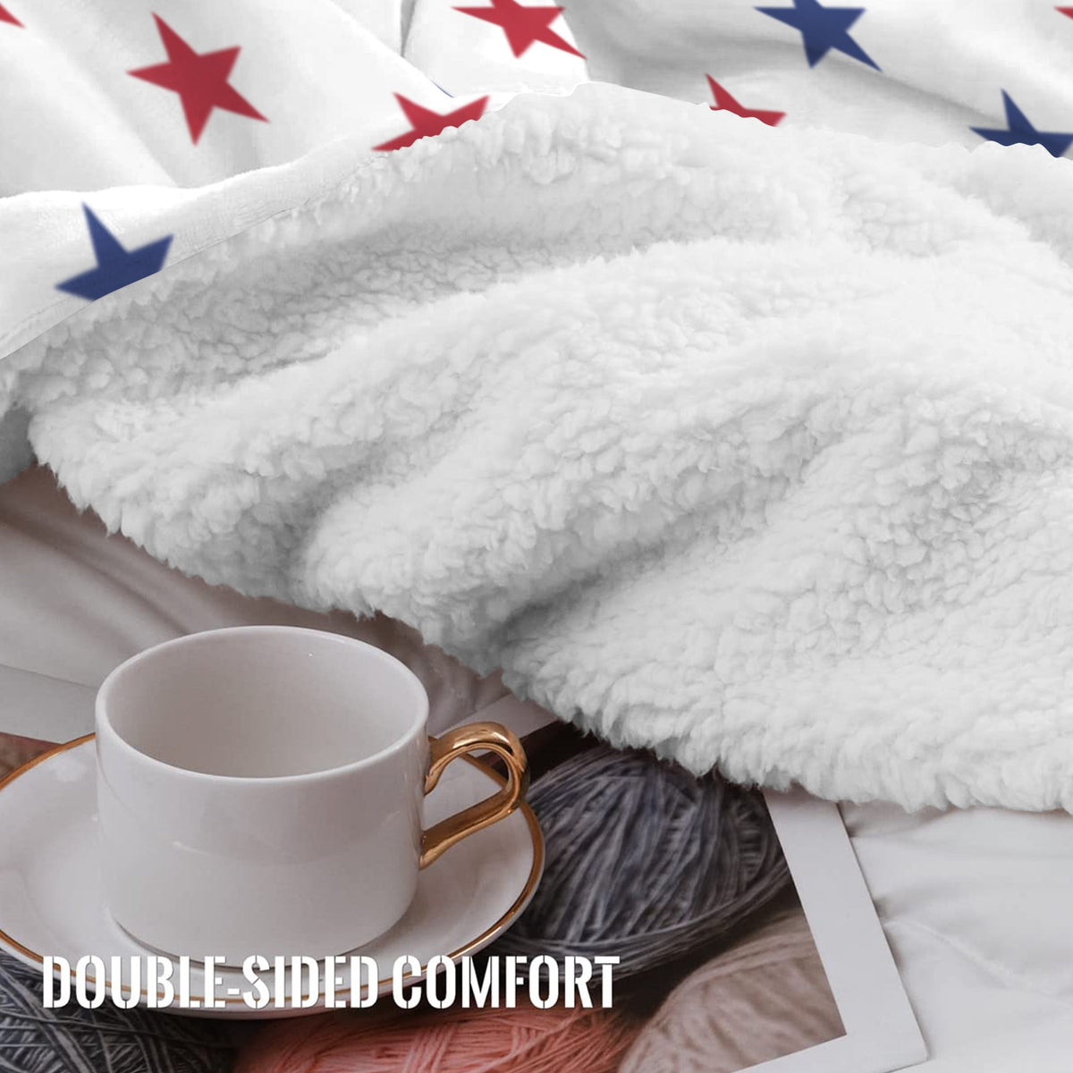 USA/American Flag Inspired Red and Blue Stars on White Sherpa Fleece Blanket 90" x 108" | Prtinted in the USA