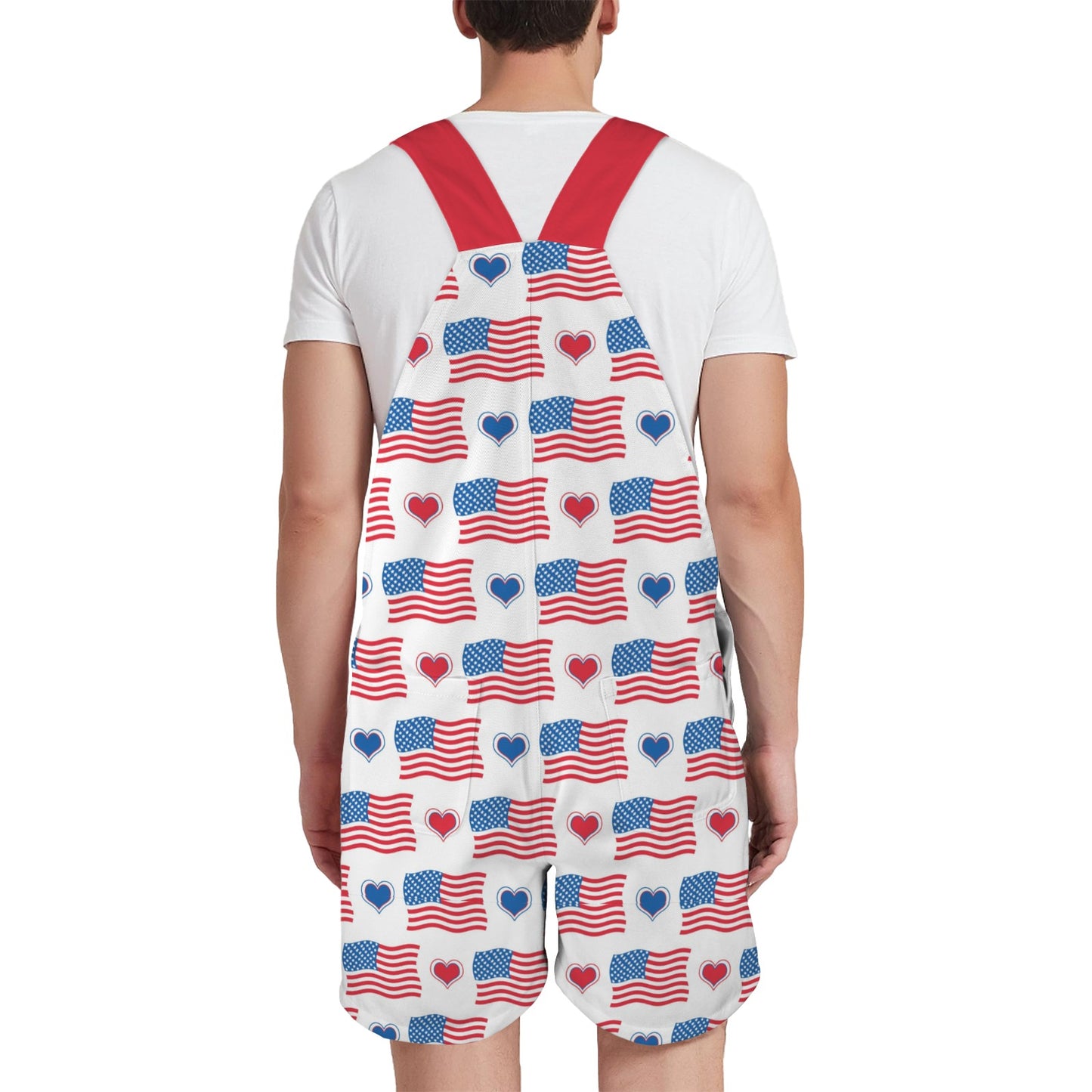 USA/American Flag Inspired Flag and Hearts Pattern Unisex Suspender Jumpsuit