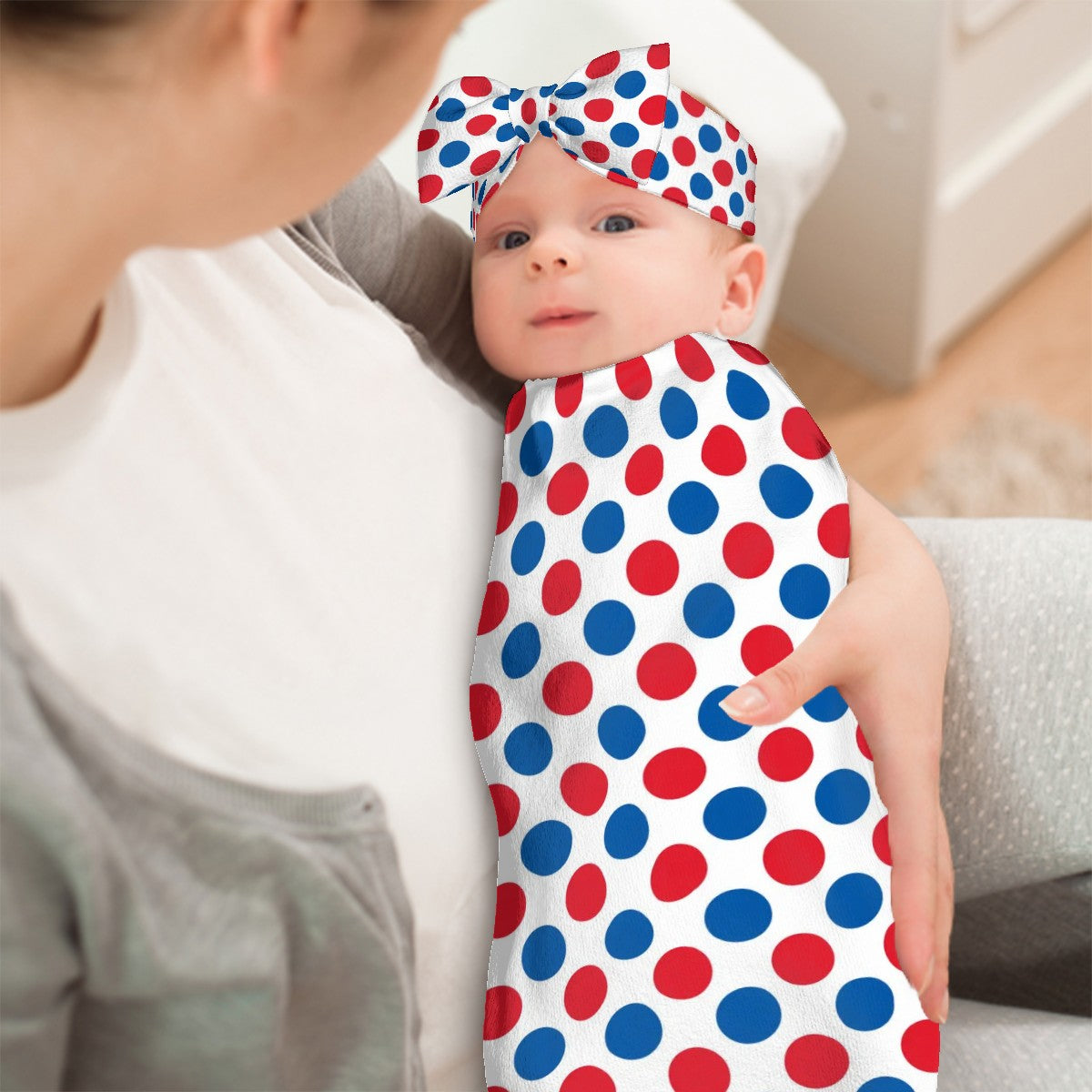 USA/American Flag Inspired Polka Dot Pattern Baby Swaddle Sack with Baby Headband
