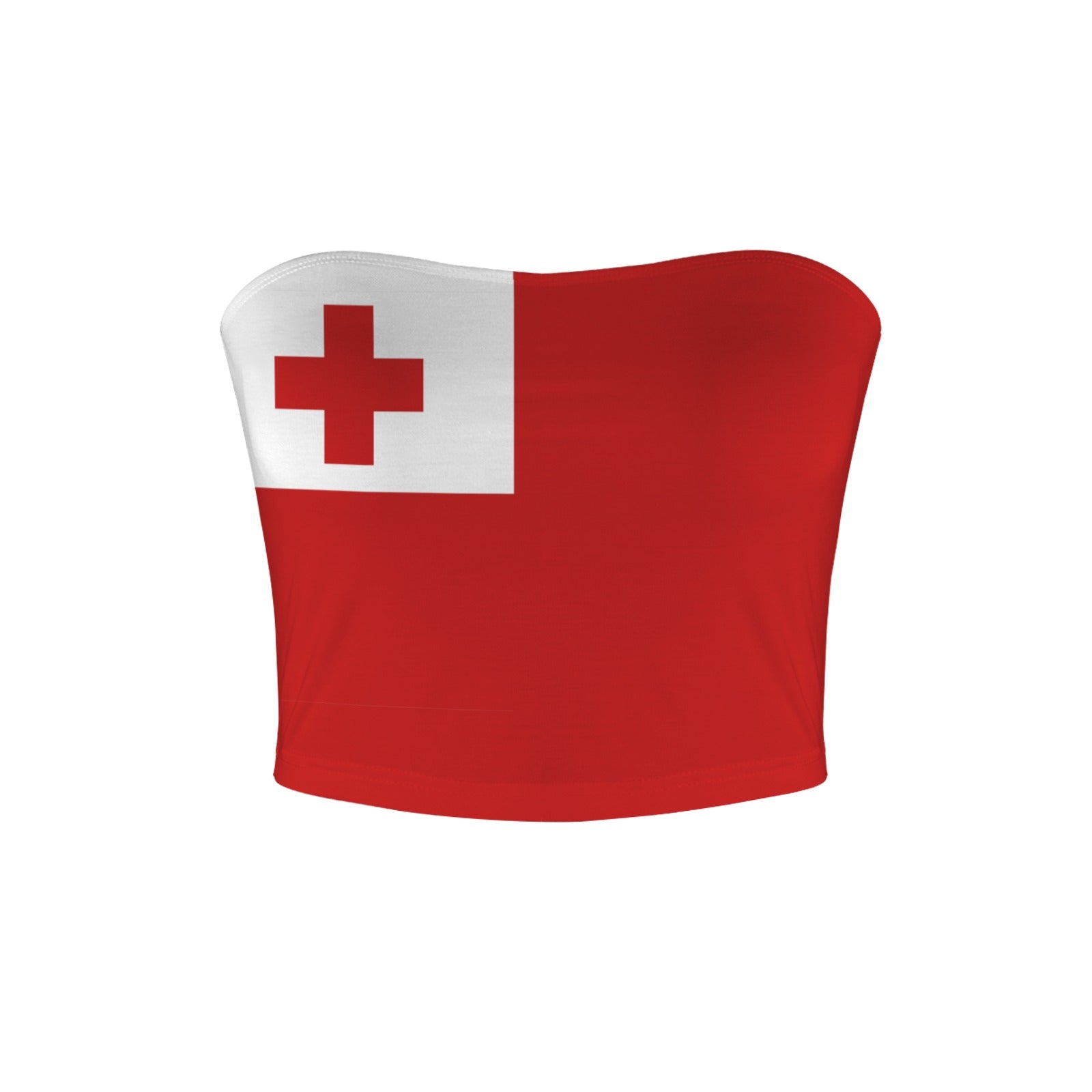 [Brand] red bandeau featuring the Tonga flag design prominently.