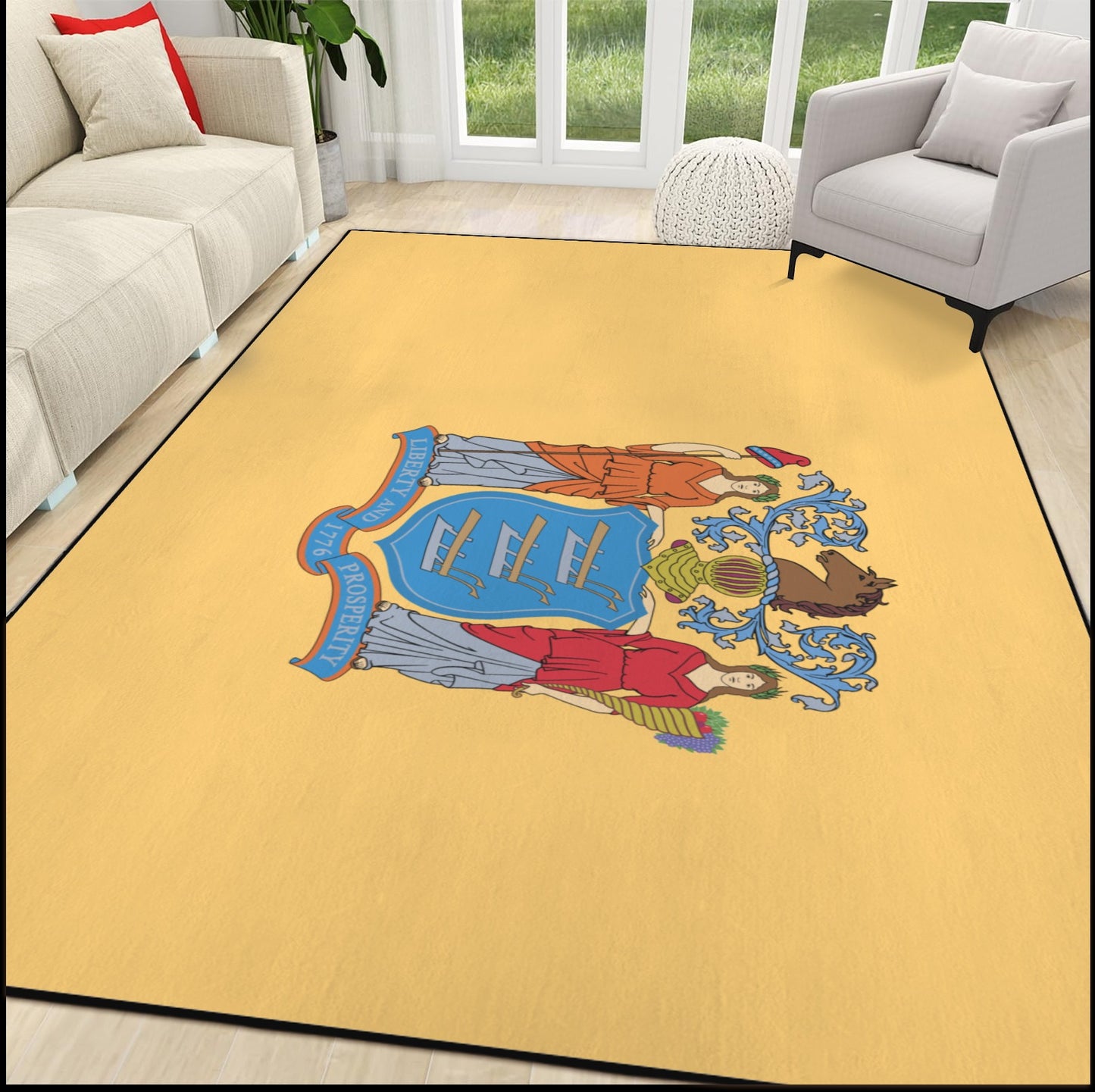 New Jersey Flag Inspired 84x60 Inch Area Rug with Black Binding (Made in the USA)