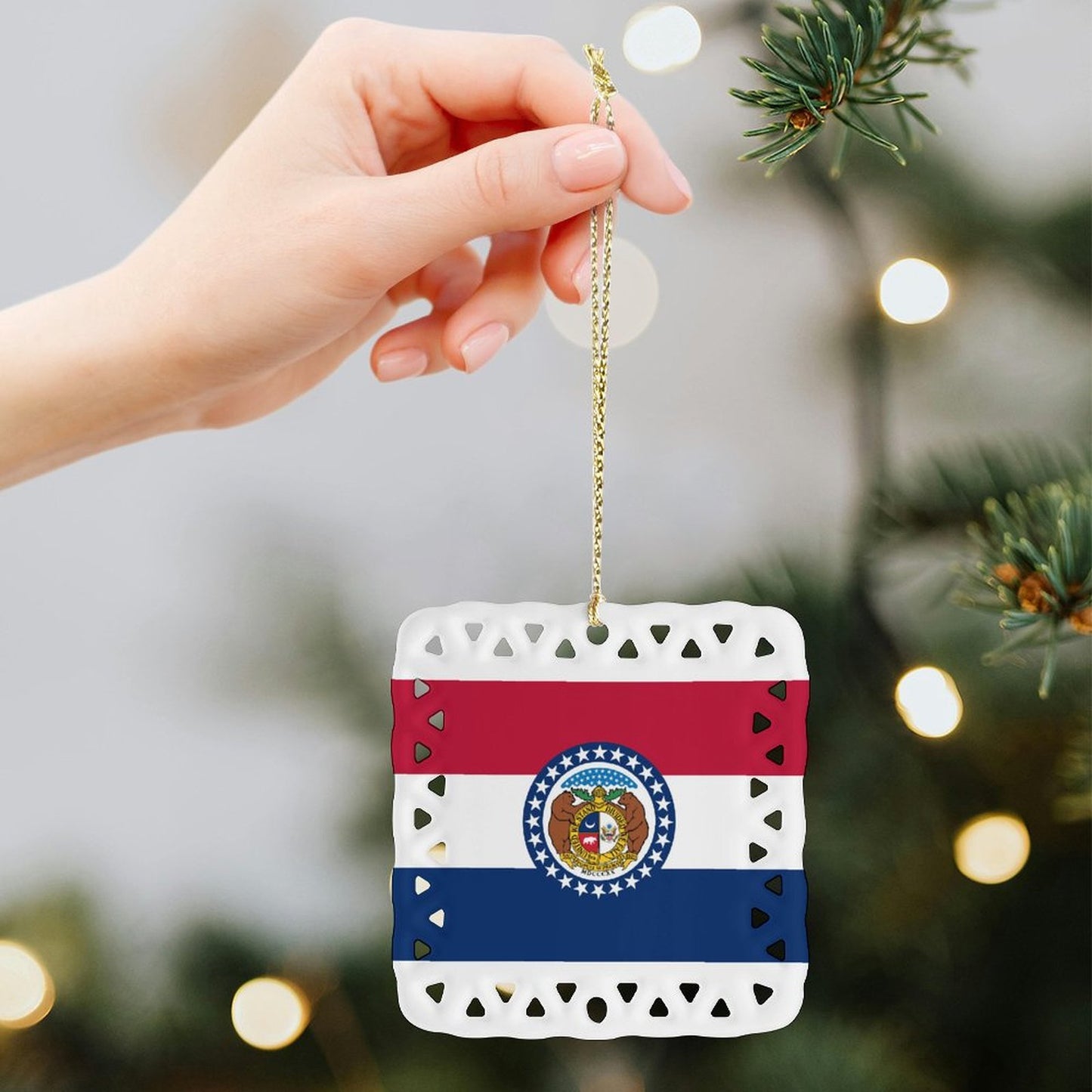 Missouri Flag Inspired Square Ceramic Ornament Made in the USA