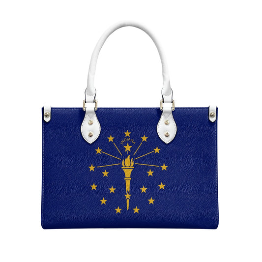 Blue handbag with Indiana flag design, white handles, [Brand].